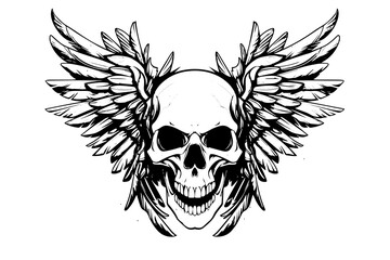Fototapeta premium Skull with wings hand drawn ink sketch. Engraved style vector illustration