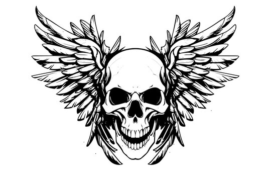 Skull with wings hand drawn ink sketch. Engraved style vector illustration