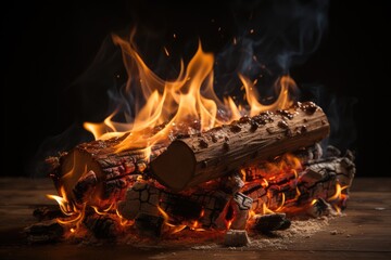 Burning firewood on a dark background. Close-up. Yule Log: A Cozy Winter Tradition - obrazy, fototapety, plakaty