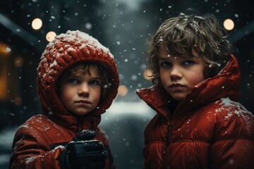 Boxing Day: Kids in the snow - obrazy, fototapety, plakaty