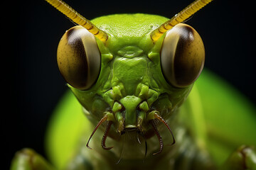 Close-up shot of green grasshopper, praying mantis, insect.
