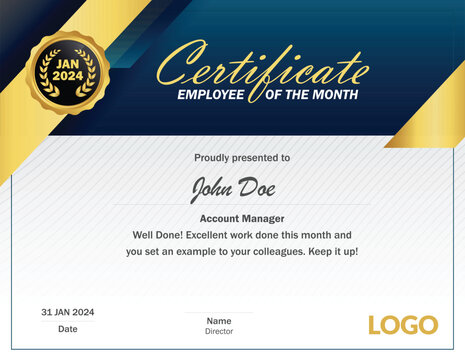 Clean elegant blue and gold certificate template vector, premium luxurious certificate 