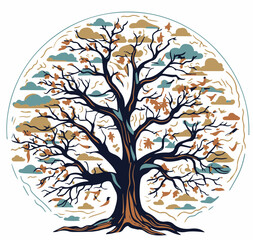 Elegant, circular illustration of a sprawling tree with intertwined branches and colorful autumn leaves, framed against a whimsical backdrop of clouds and muted tones.