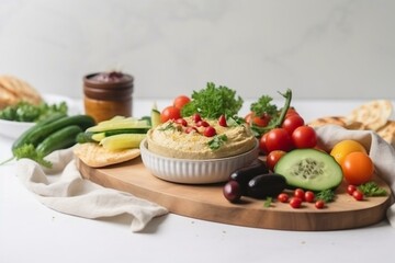 Food with hummus and vegetables on white table. Generative AI