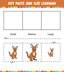 Learning sizes Cut and Paste easy activity worksheet game for children with Cute Animal