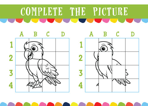 Kids Educational Coloring Book Pages Finish The Picture of cute cartoon Parrot