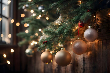  Fir branch with Christmas tree balls in front of a rustic wooden wall