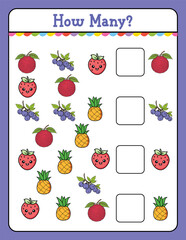 How Many game for kids searching and counting activity for preschool children with Fruit