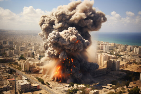 Airstrike on the city, burning houses.