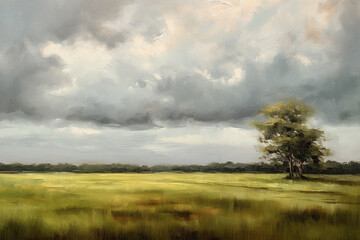 Obraz na płótnie Canvas Solitary Fields Beneath Moody Skies: A Captivating Oil Painting
