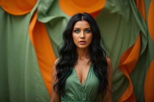 Attractive woman in light green dress with a blue eyes and long cutly black hair on solid orange and green background. Generative Ai.