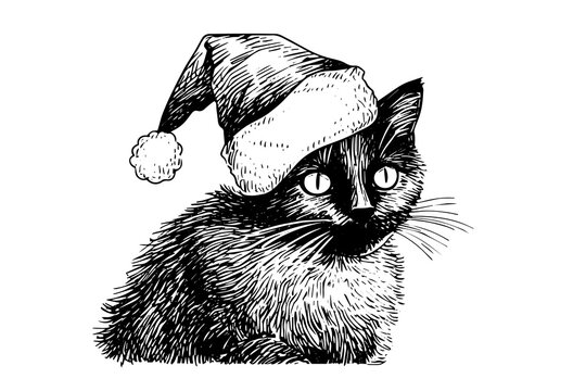 Christmas black cat in hat hand drawn ink sketch. Engraved style vector illustration