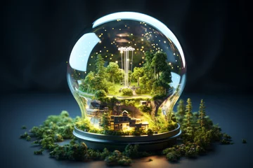 Fotobehang Futuristic city with clean recycle sustainable technology eco friendly environment. Green energy save planet concept © Cherstva