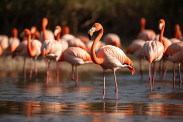 Pink flamingos in the water - Generative AI - obrazy, fototapety, plakaty