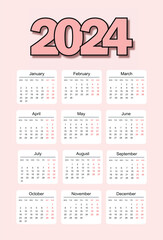 2024 Cute Pinkish Calendar Vector EPS Template