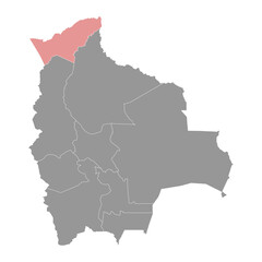 Pando Department map, administrative division of Bolivia.