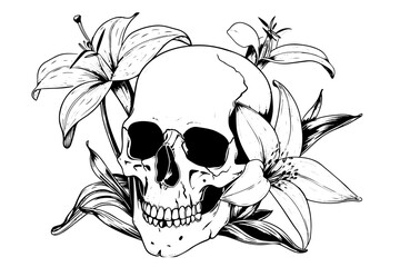 Skull with flower hand drawn ink sketch. Engraved style vector illustration