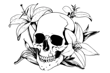 Papier Peint photo Crâne aquarelle Skull with flower hand drawn ink sketch. Engraved style vector illustration