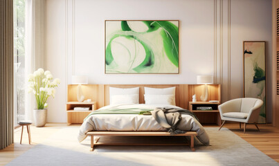 Interior of a modern bedroom with abstract art frame