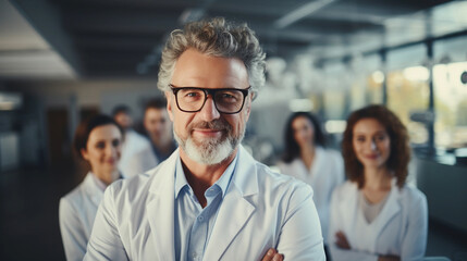 Portrait of middle age male doctor scientist standing with his team of colleagues in the background, wearing white lab coat and glasses - Powered by Adobe
