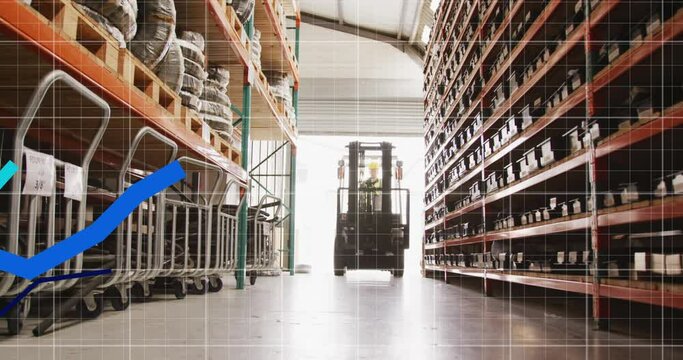 Animation of blue lines, financial data processing over warehouse