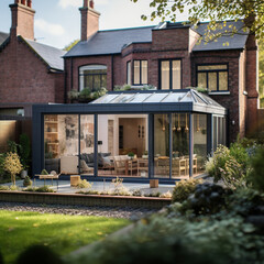 British home detached cottage with modern and traditional elements, country gardens