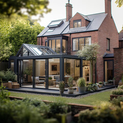 British home detached cottage with modern and traditional elements, country gardens - obrazy, fototapety, plakaty