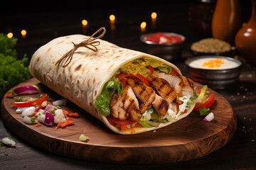 Delicious shawarma on dark background. Grilled pita wrapping chicken meat and fresh vegetables with sauce