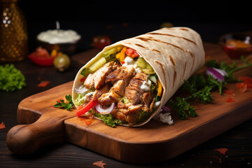 Delicious shawarma on dark background. Grilled pita wrapping chicken meat and fresh vegetables with sauce