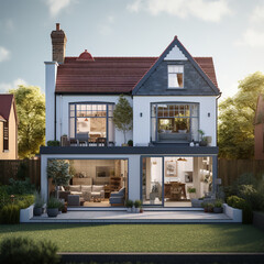 British home detached cottage with modern and traditional elements, country gardens