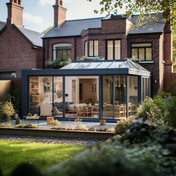 British home detached cottage with modern and traditional elements, country gardens