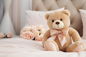 A cute bear doll with a ribbon, perfectly suited for cozy bedroom decor. This daytime photograph captures the essence of a child's room, offering space for text to personalize your message.