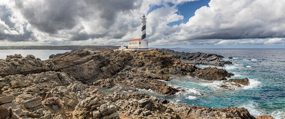 Panoramic view of Favaritx Lighthouse at north coast of Menorca (Balearic Islands)