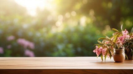 Empty Wooden surface for presentation with blurred garden and flowers background, mockup, Space for presentation product. for product display montages, punk tones