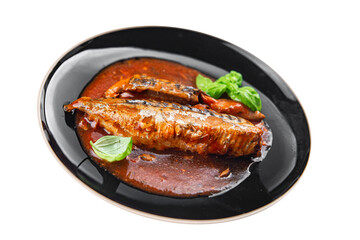 mackerel tomato sauce fresh canned fish seafood eating cooking appetizer meal food snack on the...