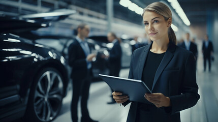 Beautiful businesswoman standing and holding a tablet in her hands in a busy car park