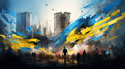 Ukraine Flag Flying High over a Bustling Cityscape with Generative AI-Generated Art