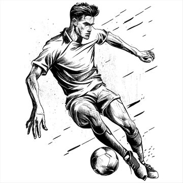 Hand Drawn Engraving Pen and Ink Soccer Player Kicking a Soccer Ball Vintage Vector Illustration