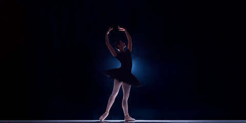 Beautiful, elegant young woman, professional ballet dancer in tutu dancing on stage over dark background. Concept of classical dance, art and grace, beauty, choreography, inspiration