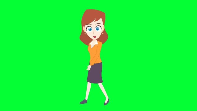 cute cartoon girl walking background and 2d animation, Cartoon character, happy, expressions, Education, lady walks, green screen