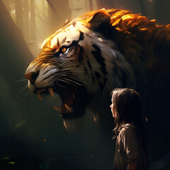 The tiger growls and the little girl nearby. Not afraid of the tiger, strokes it. Tigers are wild animals, and no matter how calm or tame they might appear, they can be unpredictable. - obrazy, fototapety, plakaty