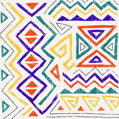 African ethnic seamless pattern in tribal style. Trendy abstract geometric background with grunge texture. Unique design elements for textile, banner, cover, wallpaper, wrapping