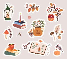 Autumn stickers collection with cute seasonal elements, autumnal cozy design, vector  