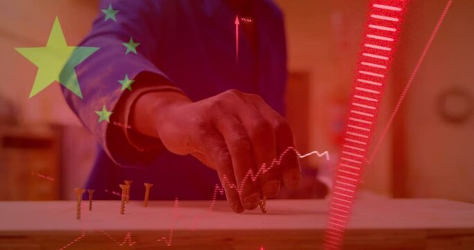 Animation of financial data processing, flag of china over male worker in factory