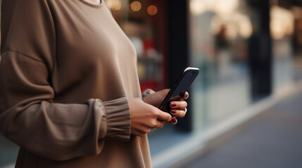 Close up of woman hand using mobile smart phone for online shopping and digital banking via mobile app, surfing the internet, social media network, people lifestyle