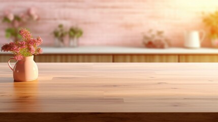 Empty Wooden surface for product display montages with kitchen background, pink tones. Presentation space for diferent products. High quality photo