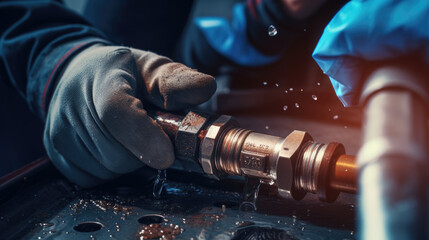 Male plumber fixing a pipe leak - obrazy, fototapety, plakaty