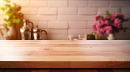 Empty Wooden surface for product display montages with kitchen background, pink tones. Presentation space for diferent products. High quality photo