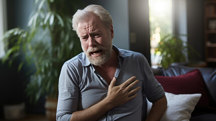 Man with chest pain suffering from heart attack - obrazy, fototapety, plakaty