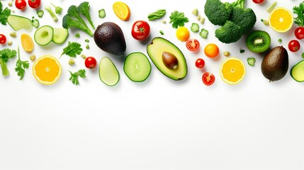 Flat Lay Photo of Various Vegetables and Fruits on the White Background, Healthy Life Concept
